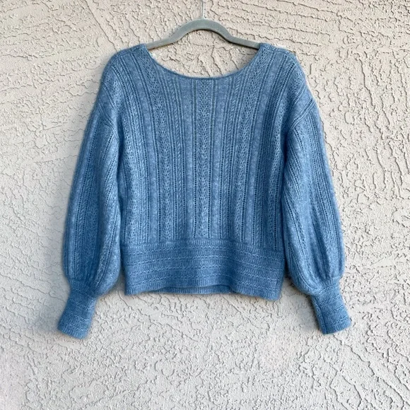 SEZANE Blue Mohair Wool V Neck Crossover Cristina Sweater Balloon Sleeve Jumper - Picture 6 of 17